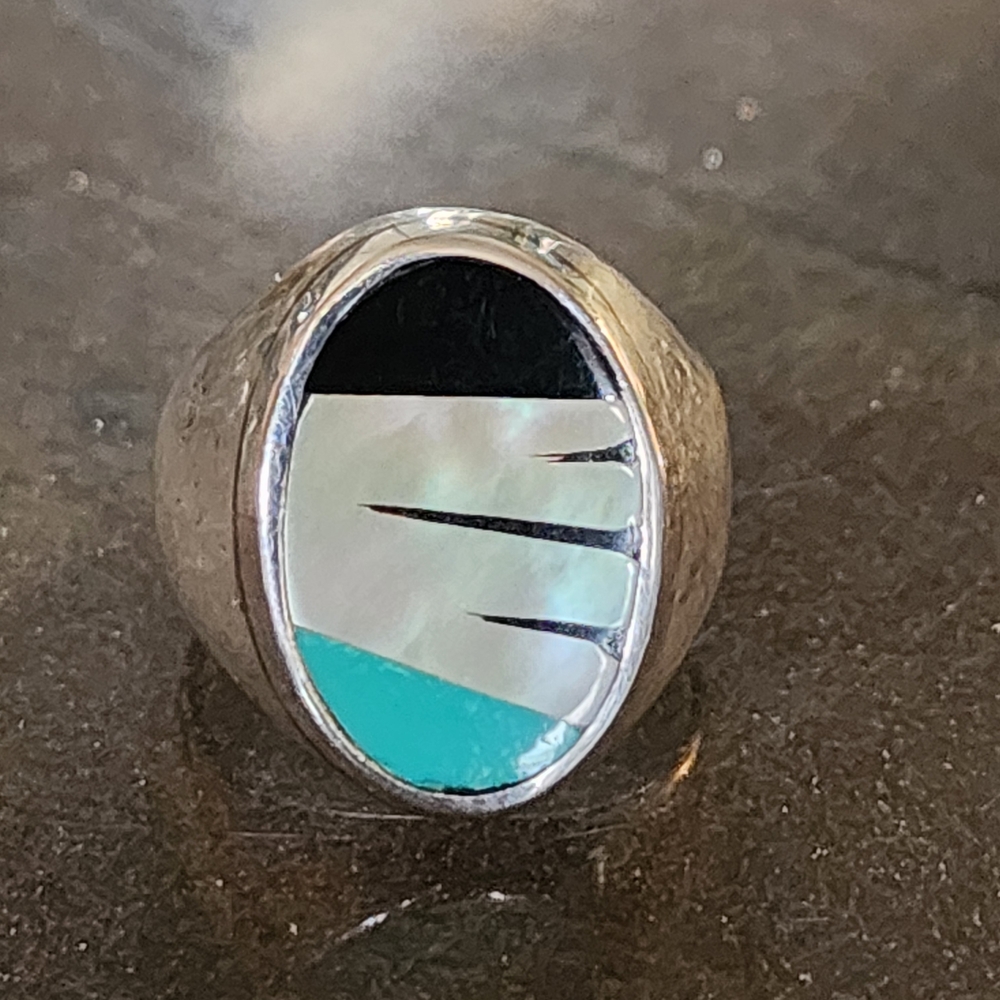 Sterling Silver Oval Inlay Ring with Turquoise and Cream Accents Native American